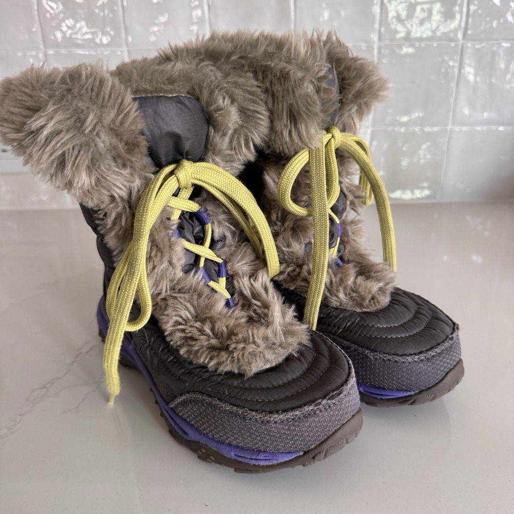 The North Face Alpenglow Snow Boots Girls Size 1 Gray Purple Goose Down Faux Fur